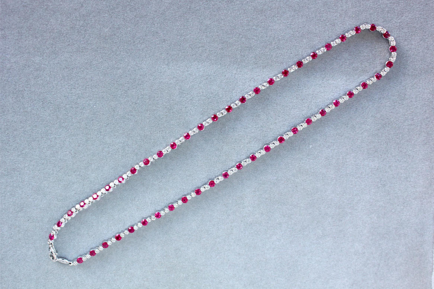 Ruby Diamond Bezel Set Tennis Line 14K White Gold Classic Set Unique Necklace