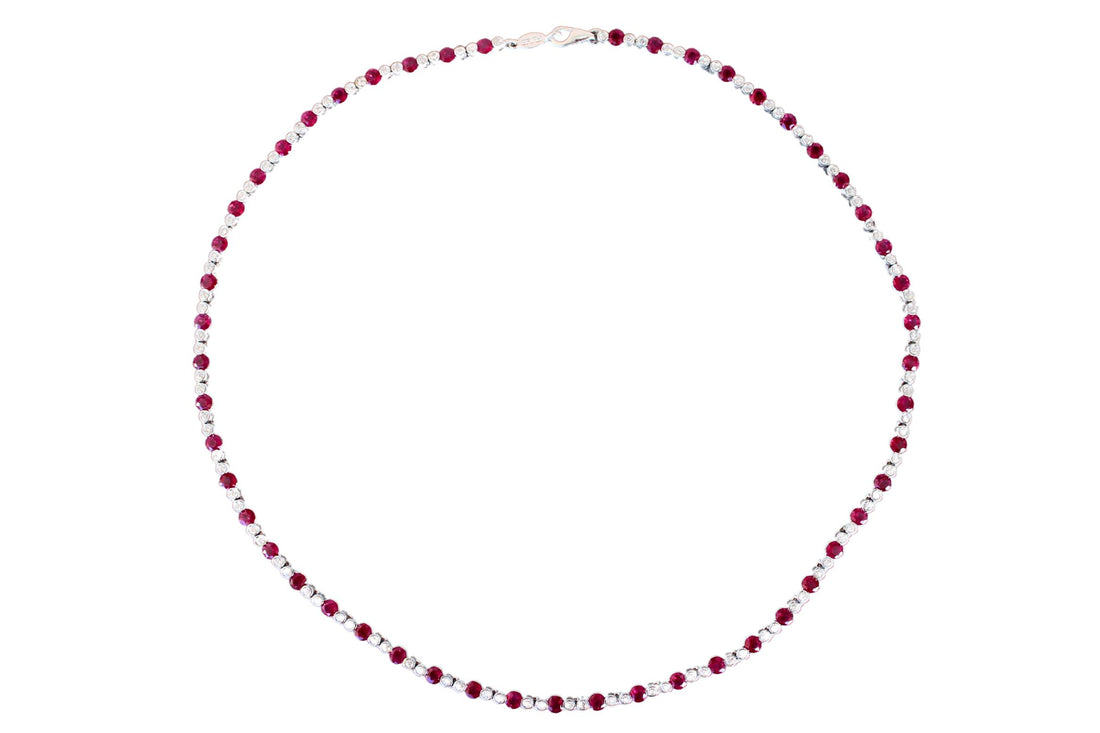 Ruby Diamond Bezel Set Tennis Line 14K White Gold Classic Set Unique Necklace