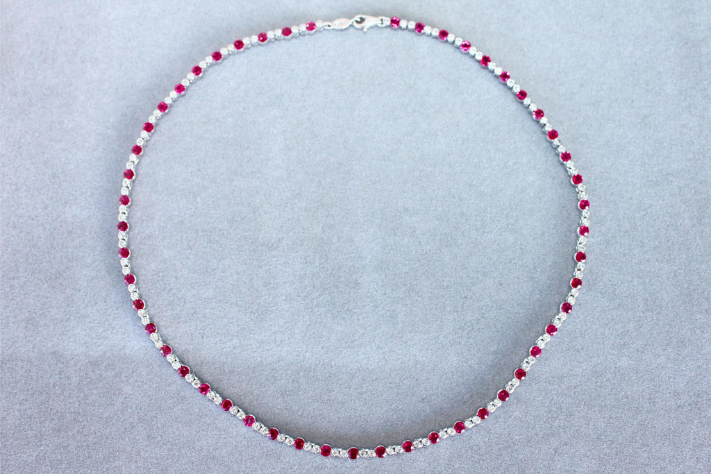 Ruby Diamond Bezel Set Tennis Line 14K White Gold Classic Set Unique Necklace