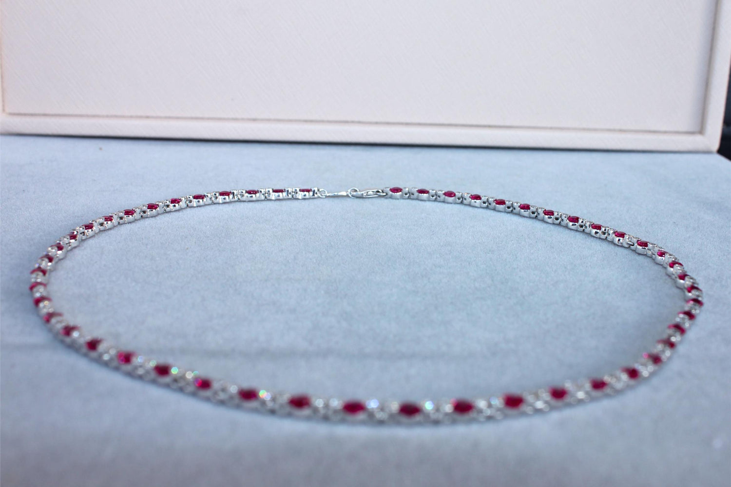Ruby Diamond Bezel Set Tennis Line 14K White Gold Classic Set Unique Necklace