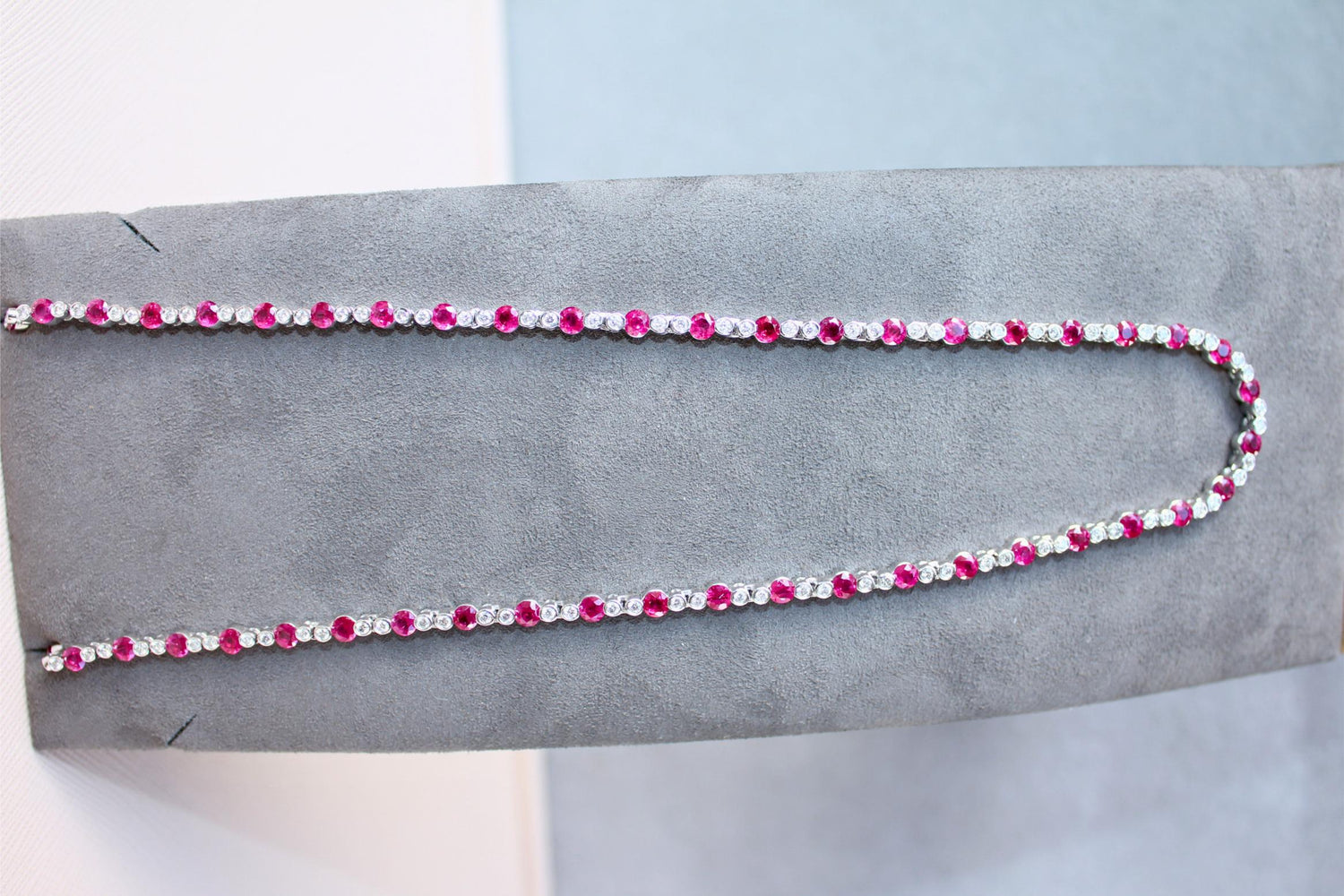Ruby Diamond Bezel Set Tennis Line 14K White Gold Classic Set Unique Necklace