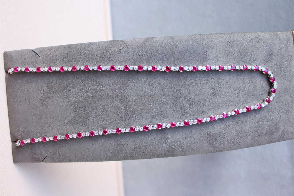 Ruby Diamond Bezel Set Tennis Line 14K White Gold Classic Set Unique Necklace