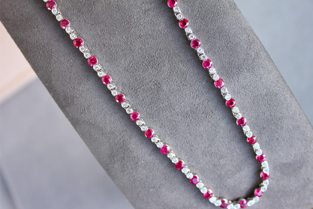 Ruby Diamond Bezel Set Tennis Line 14K White Gold Classic Set Unique Necklace