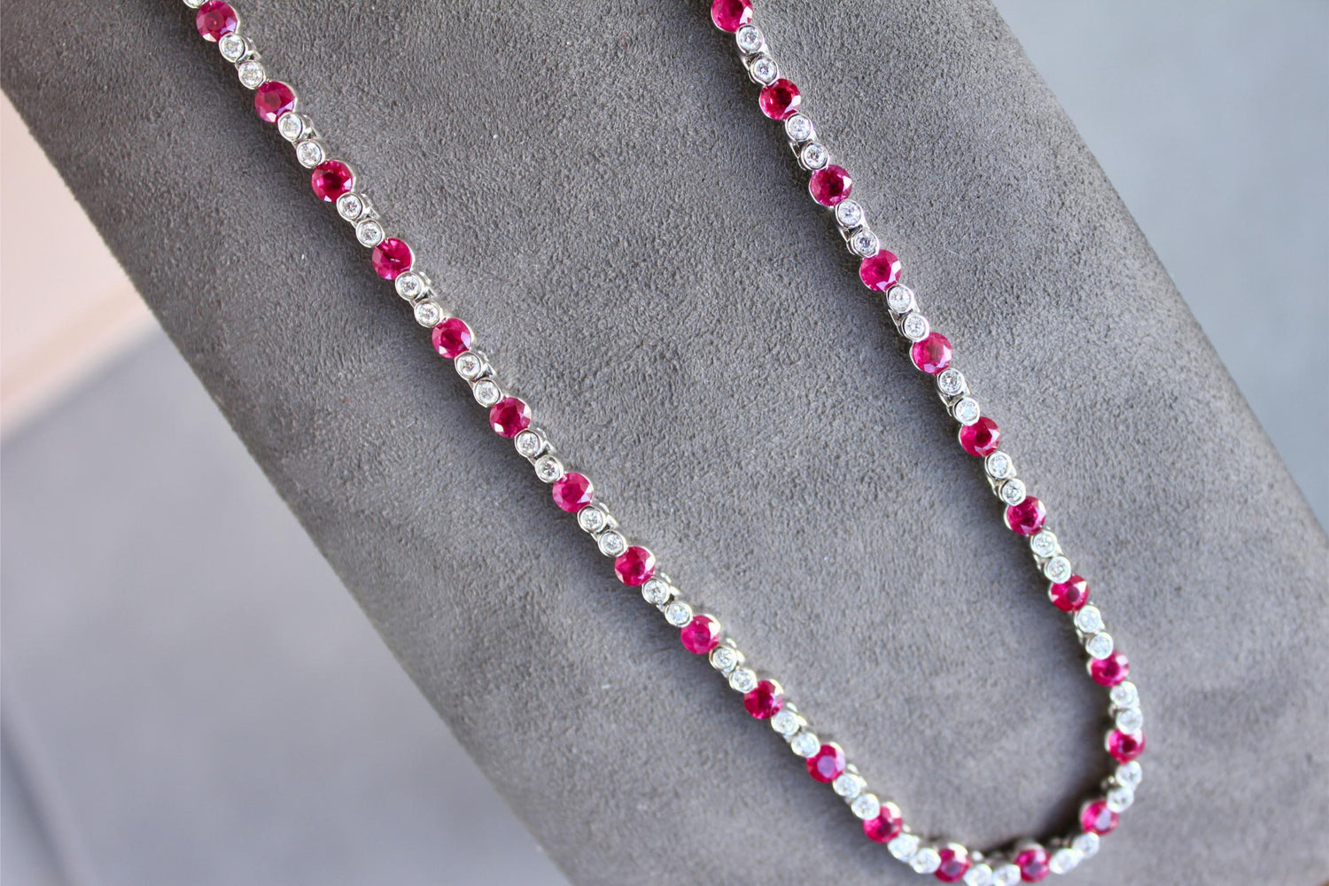 Ruby Diamond Bezel Set Tennis Line 14K White Gold Classic Set Unique Necklace