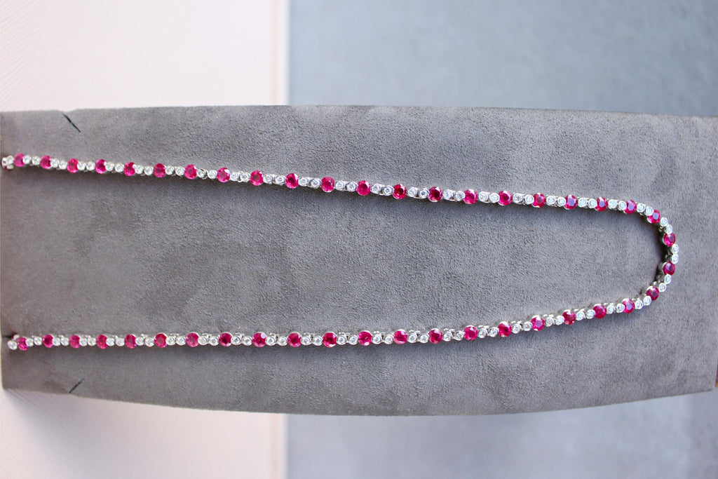 Ruby Diamond Bezel Set Tennis Line 14K White Gold Classic Set Unique Necklace