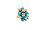 Blue Turquoise Diamonds Golden Spheres Balls Christmas Bells Motif 18K Gold Ring