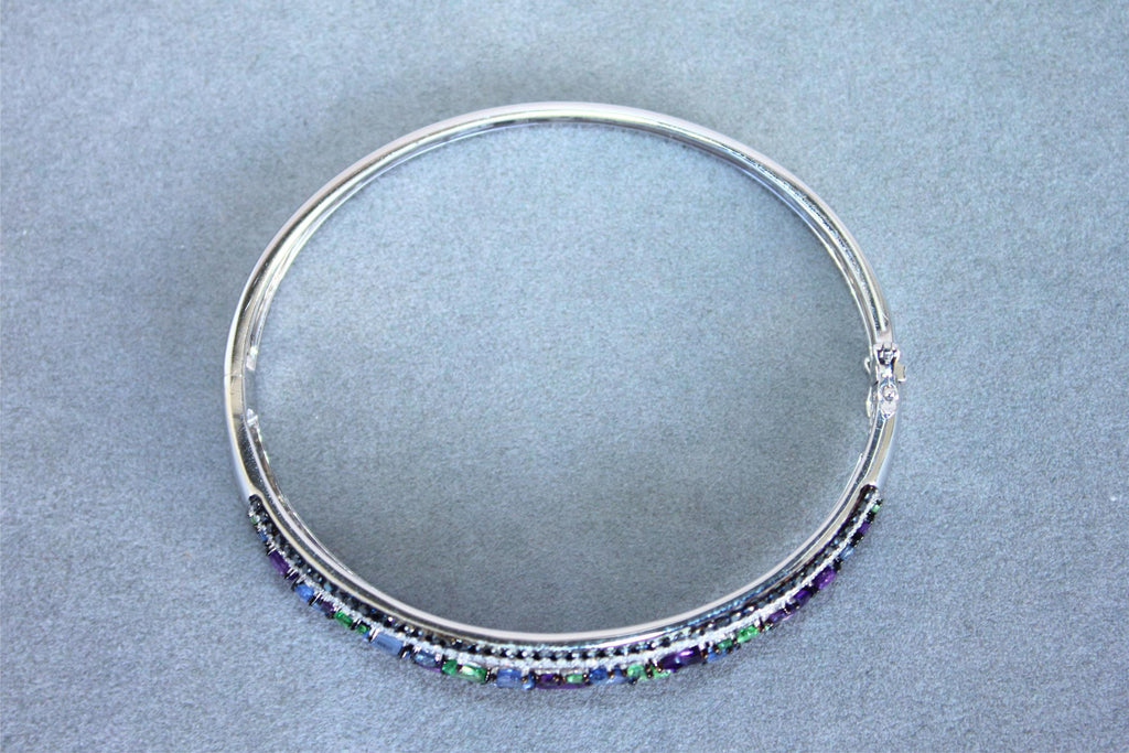 Diamonds Multi Fancy Shape Multi Color Gemstones 14K White Gold Bangle Bracelet