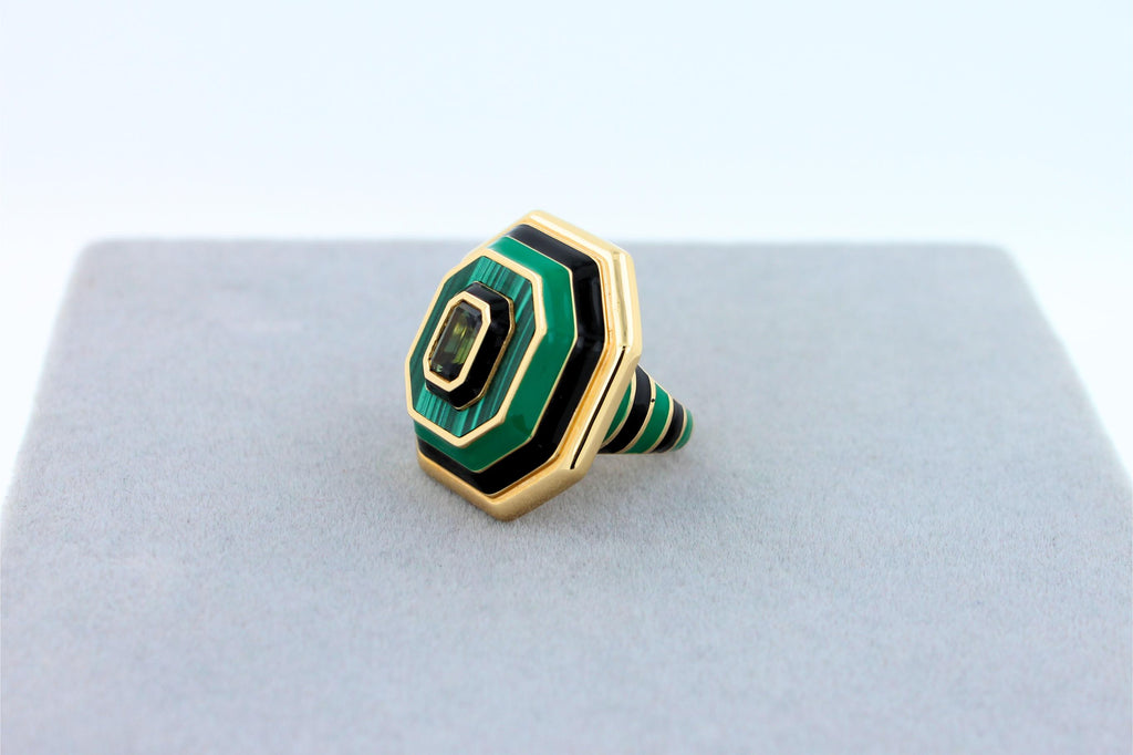 Green Tourmaline Malachite Green Black Enamel 18K Yellow Gold Enamel Unique Ring
