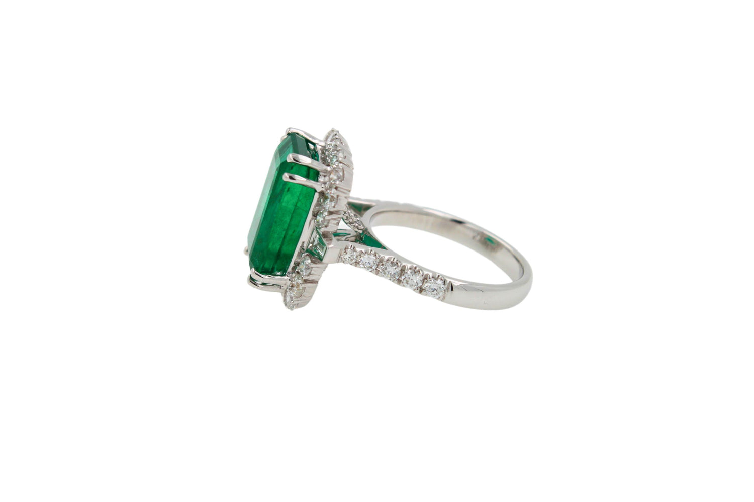 Green Emerald Octagon Cut Rectangle Diamond Halo Baguette 18K White Gold Ring