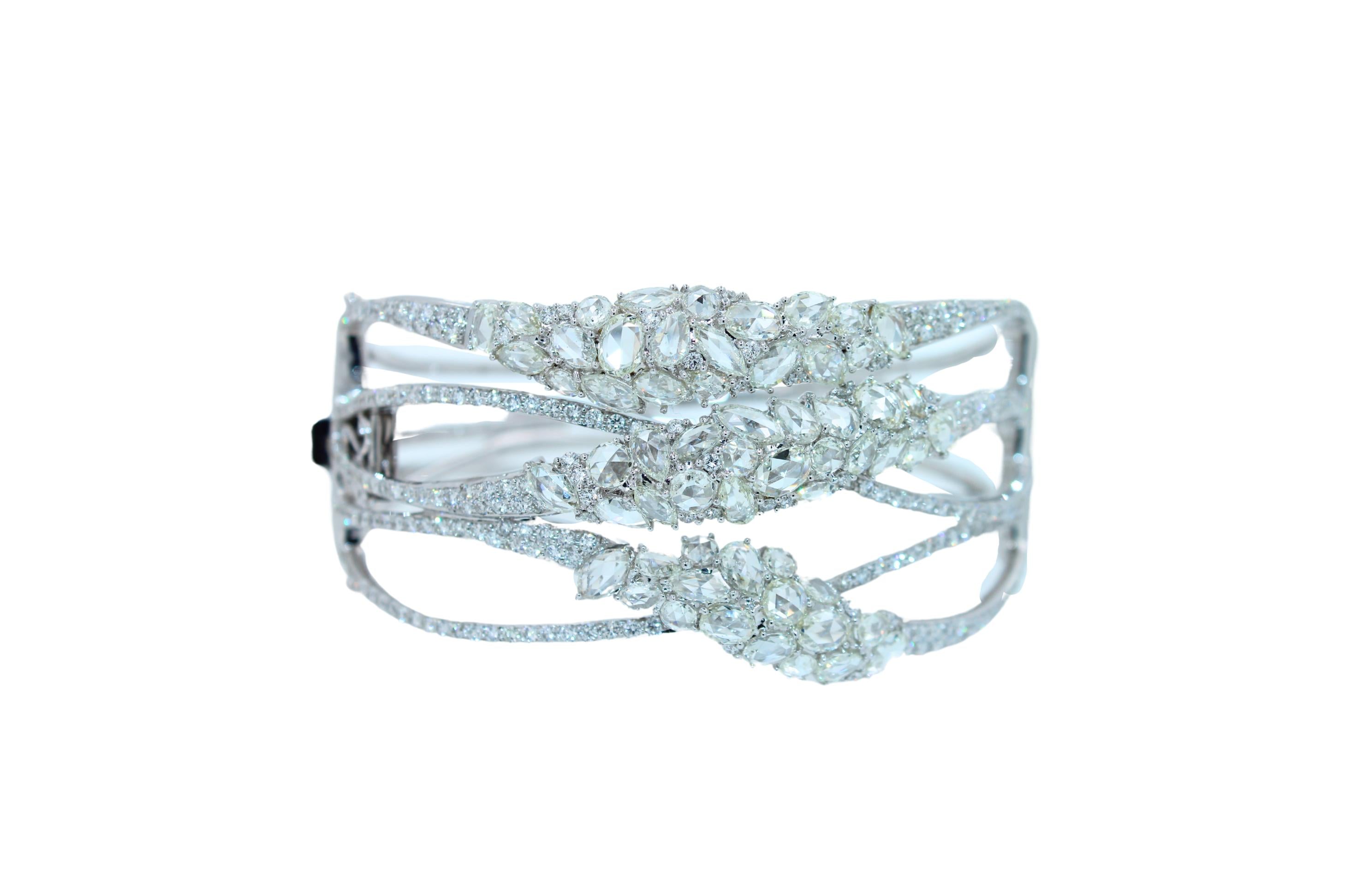 Fancy Shape Rose Cut Diamond Unique Statement Lux 18K White Gold Bangle Bracelet