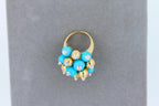 Blue Turquoise Diamonds Golden Spheres Balls Christmas Bells Motif 18K Gold Ring