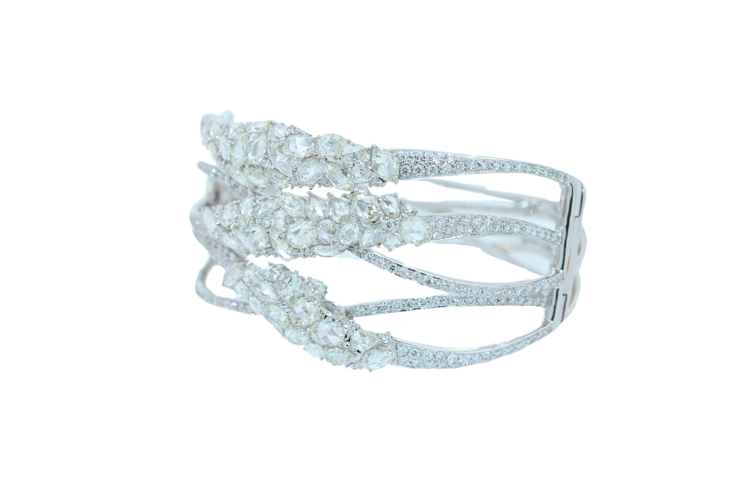Fancy Shape Rose Cut Diamond Unique Statement Lux 18K White Gold Bangle Bracelet