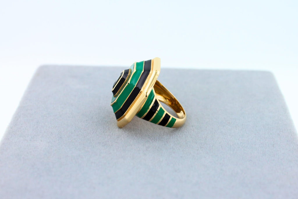 Green Tourmaline Malachite Green Black Enamel 18K Yellow Gold Enamel Unique Ring
