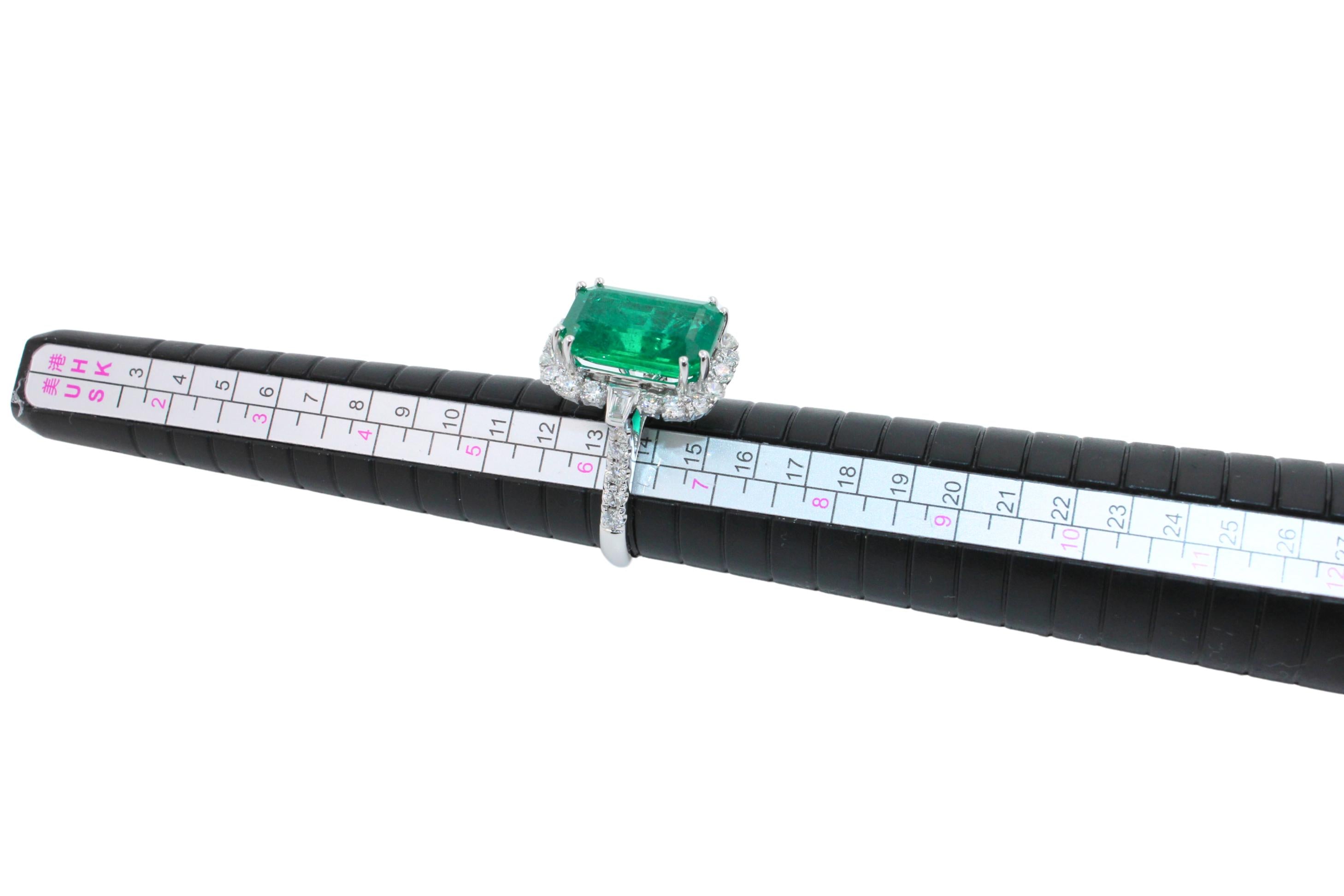 Green Emerald Octagon Cut Rectangle Diamond Halo Baguette 18K White Gold Ring