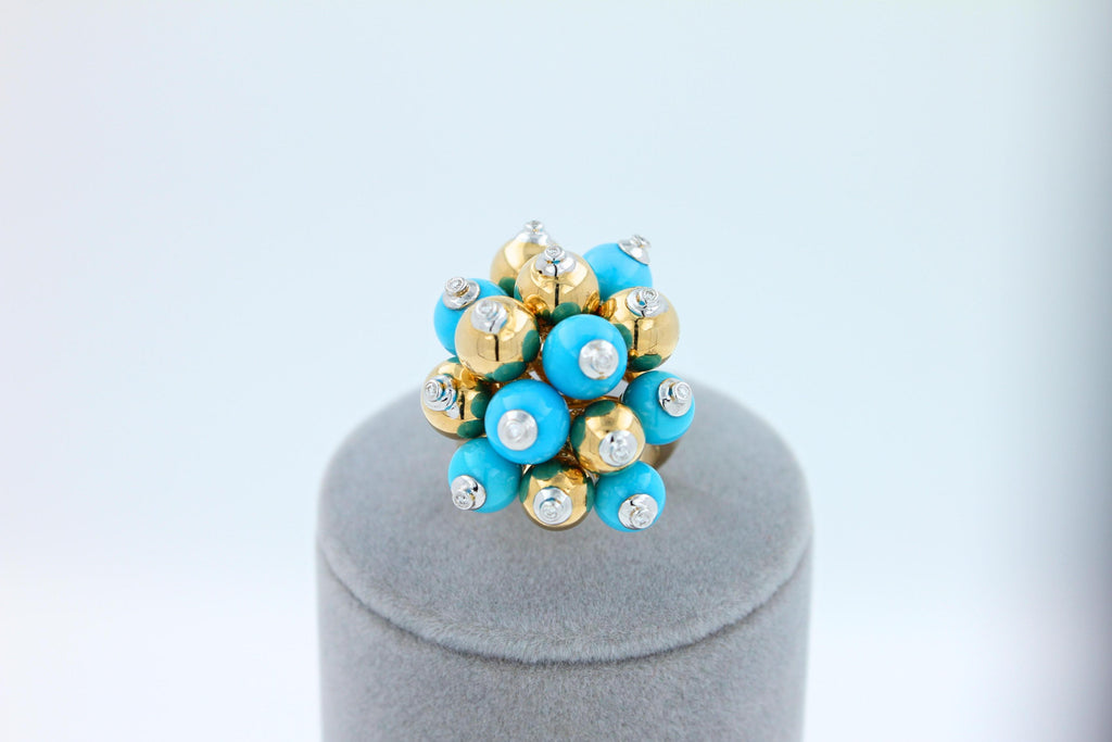 Blue Turquoise Diamonds Golden Spheres Balls Christmas Bells Motif 18K Gold Ring