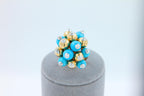 Blue Turquoise Diamonds Golden Spheres Balls Christmas Bells Motif 18K Gold Ring