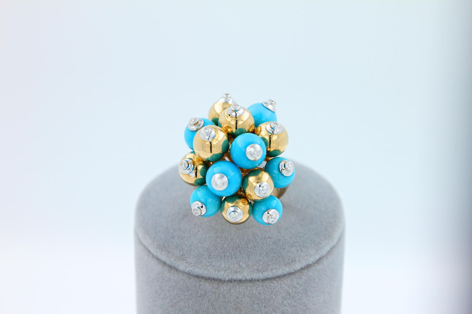 Blue Turquoise Diamonds Golden Spheres Balls Christmas Bells Motif 18K Gold Ring