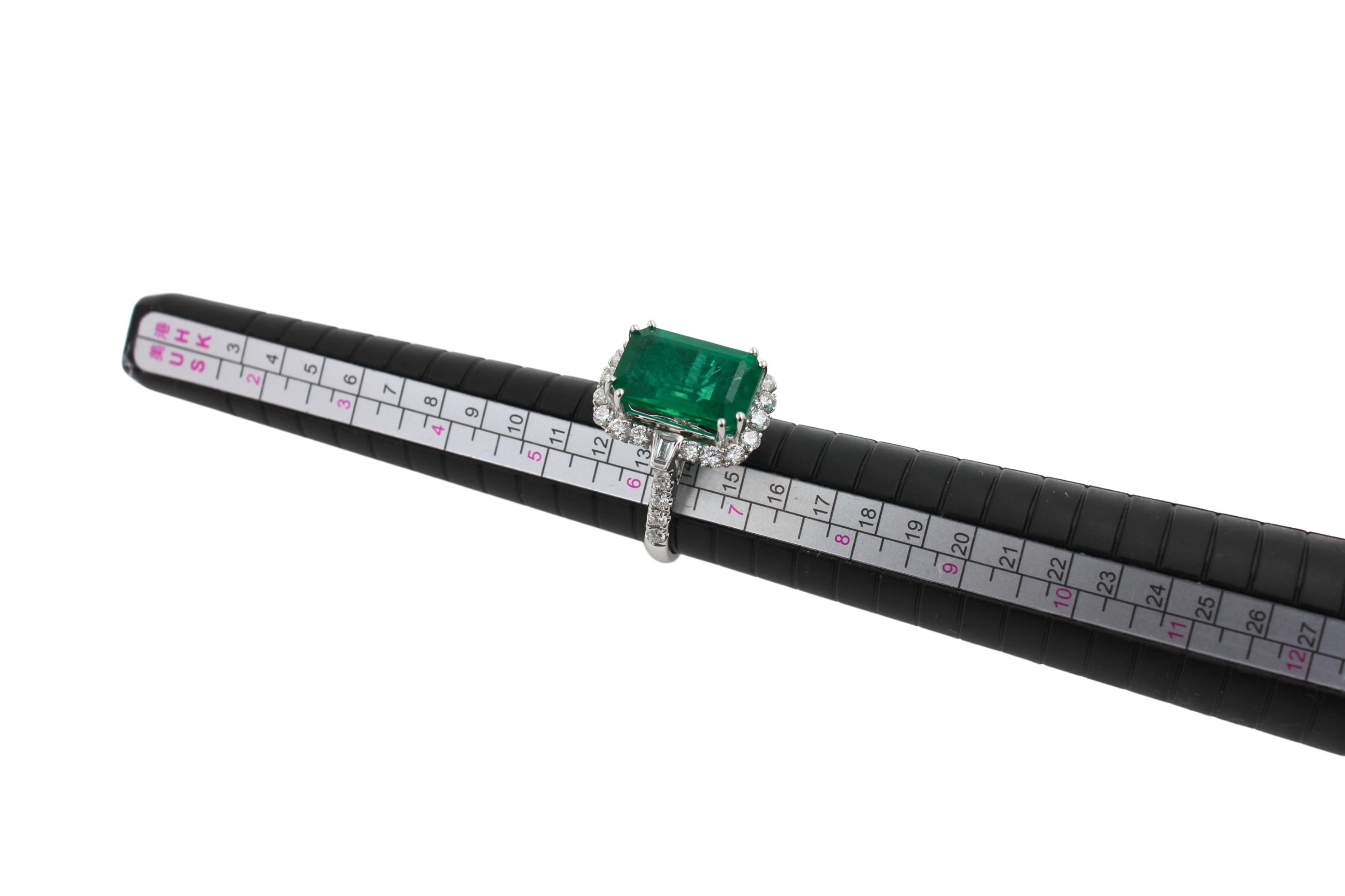 Green Emerald Octagon Cut Rectangle Diamond Halo Baguette 18K White Gold Ring