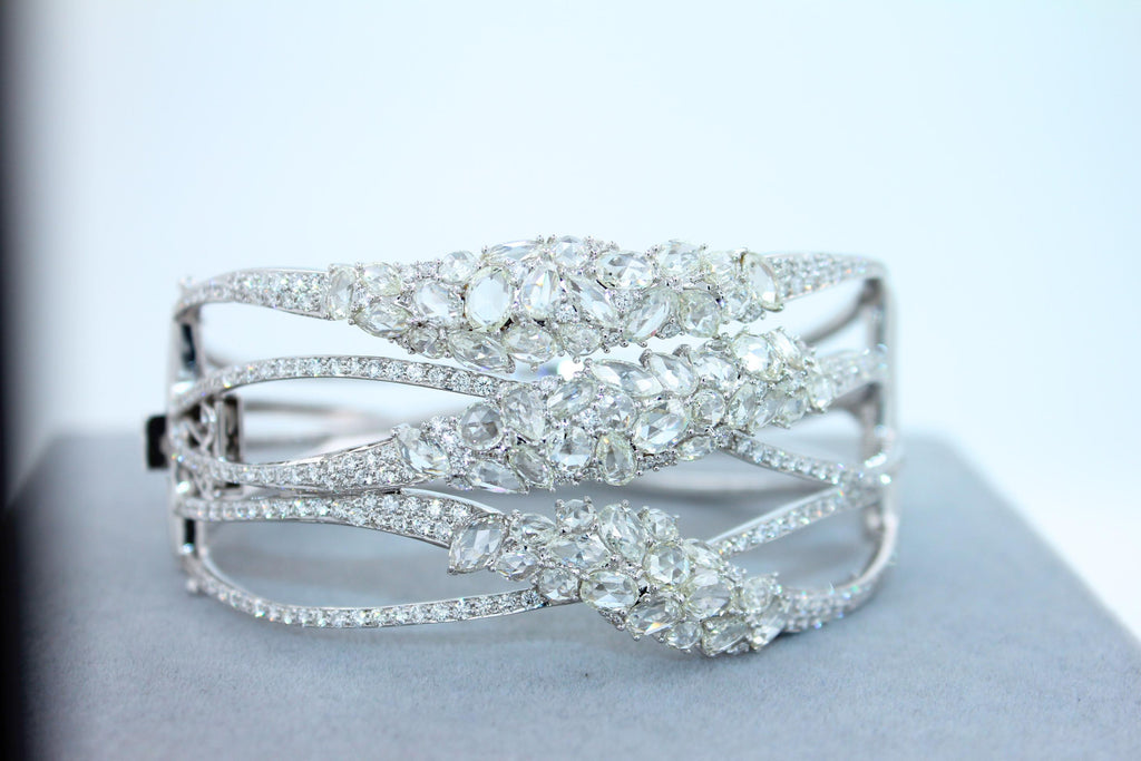 Fancy Shape Rose Cut Diamond Unique Statement Lux 18K White Gold Bangle Bracelet