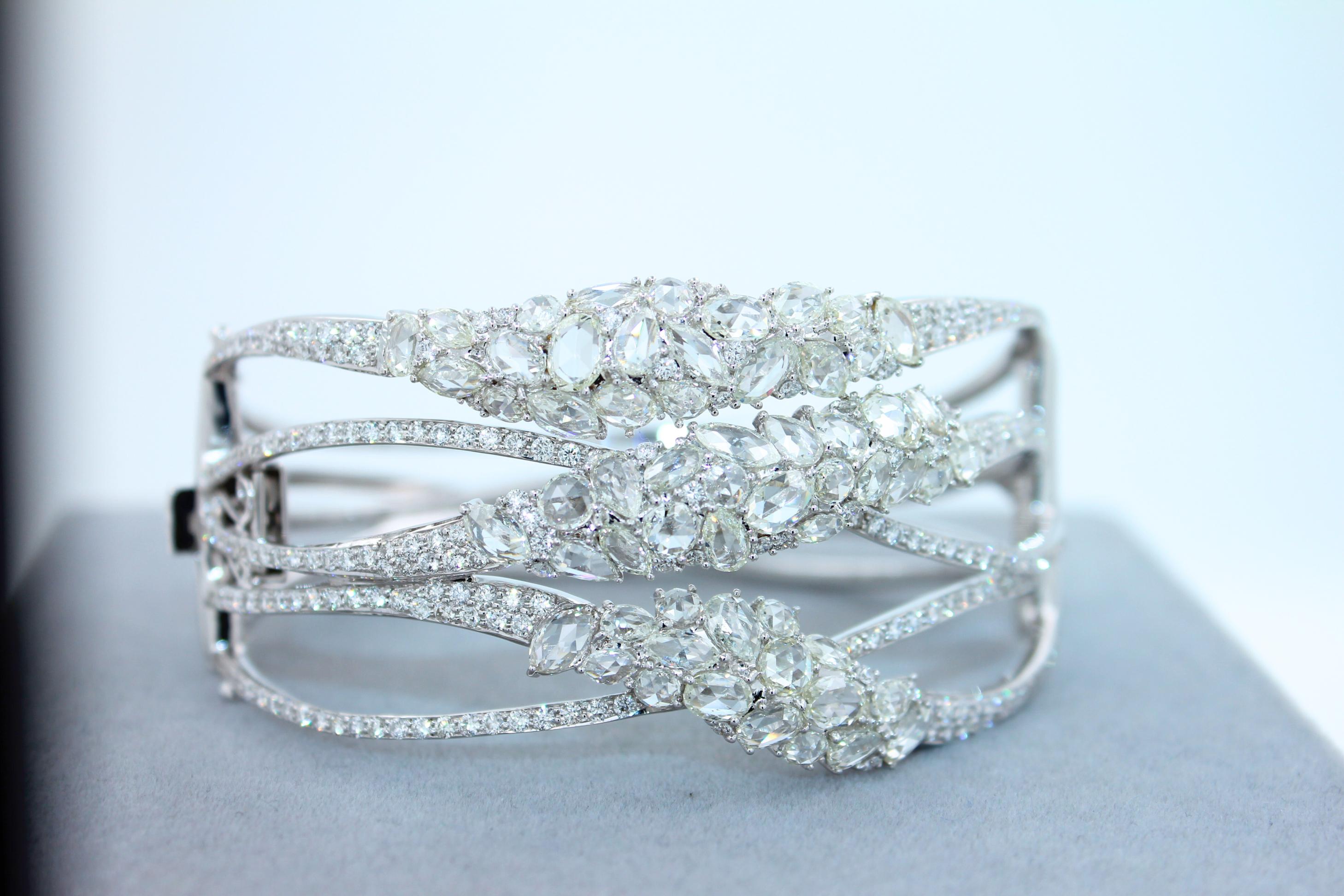 Fancy Shape Rose Cut Diamond Unique Statement Lux 18K White Gold Bangle Bracelet