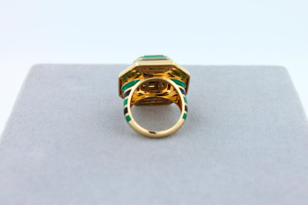 Green Tourmaline Malachite Green Black Enamel 18K Yellow Gold Enamel Unique Ring