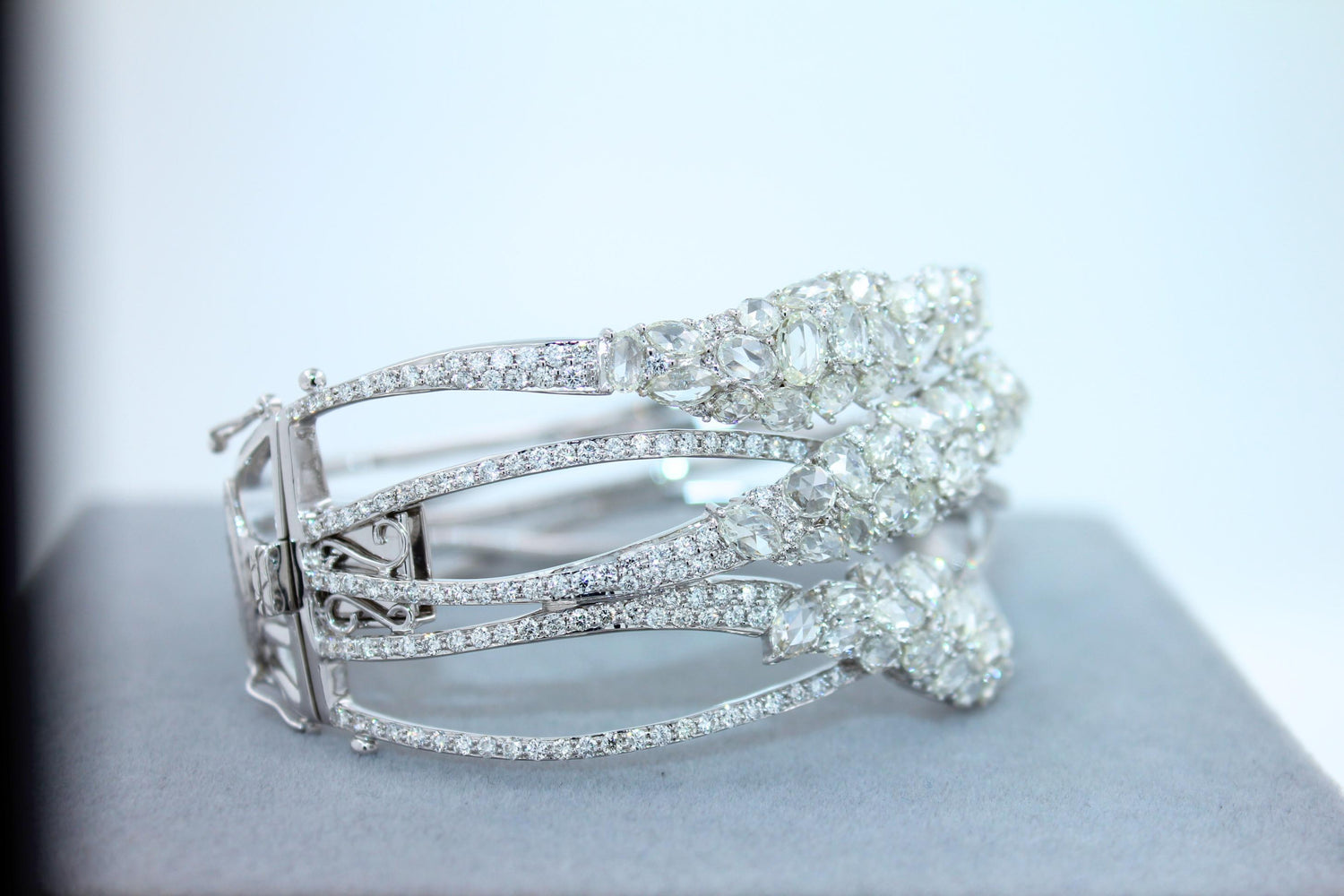 Fancy Shape Rose Cut Diamond Unique Statement Lux 18K White Gold Bangle Bracelet