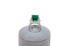 Green Emerald Octagon Cut Rectangle Diamond Halo Baguette 18K White Gold Ring
