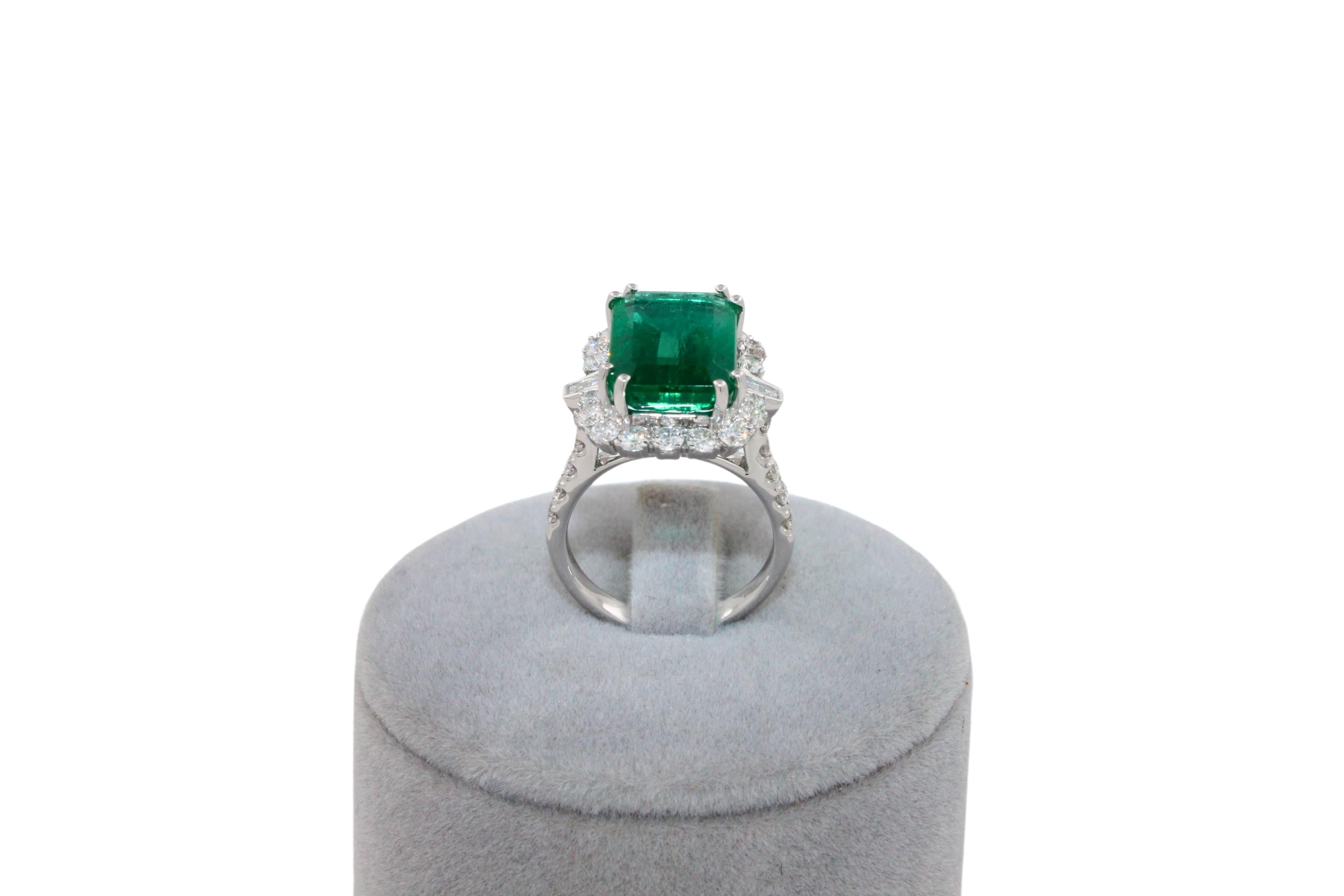 Green Emerald Octagon Cut Rectangle Diamond Halo Baguette 18K White Gold Ring
