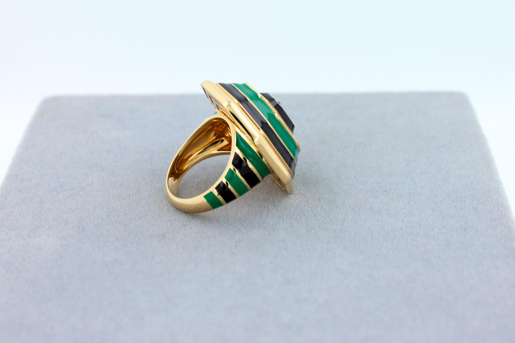 Green Tourmaline Malachite Green Black Enamel 18K Yellow Gold Enamel Unique Ring