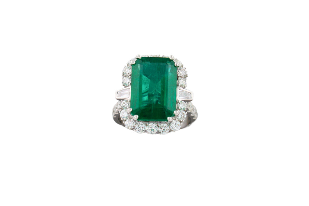 Green Emerald Octagon Cut Rectangle Diamond Halo Baguette 18K White Gold Ring