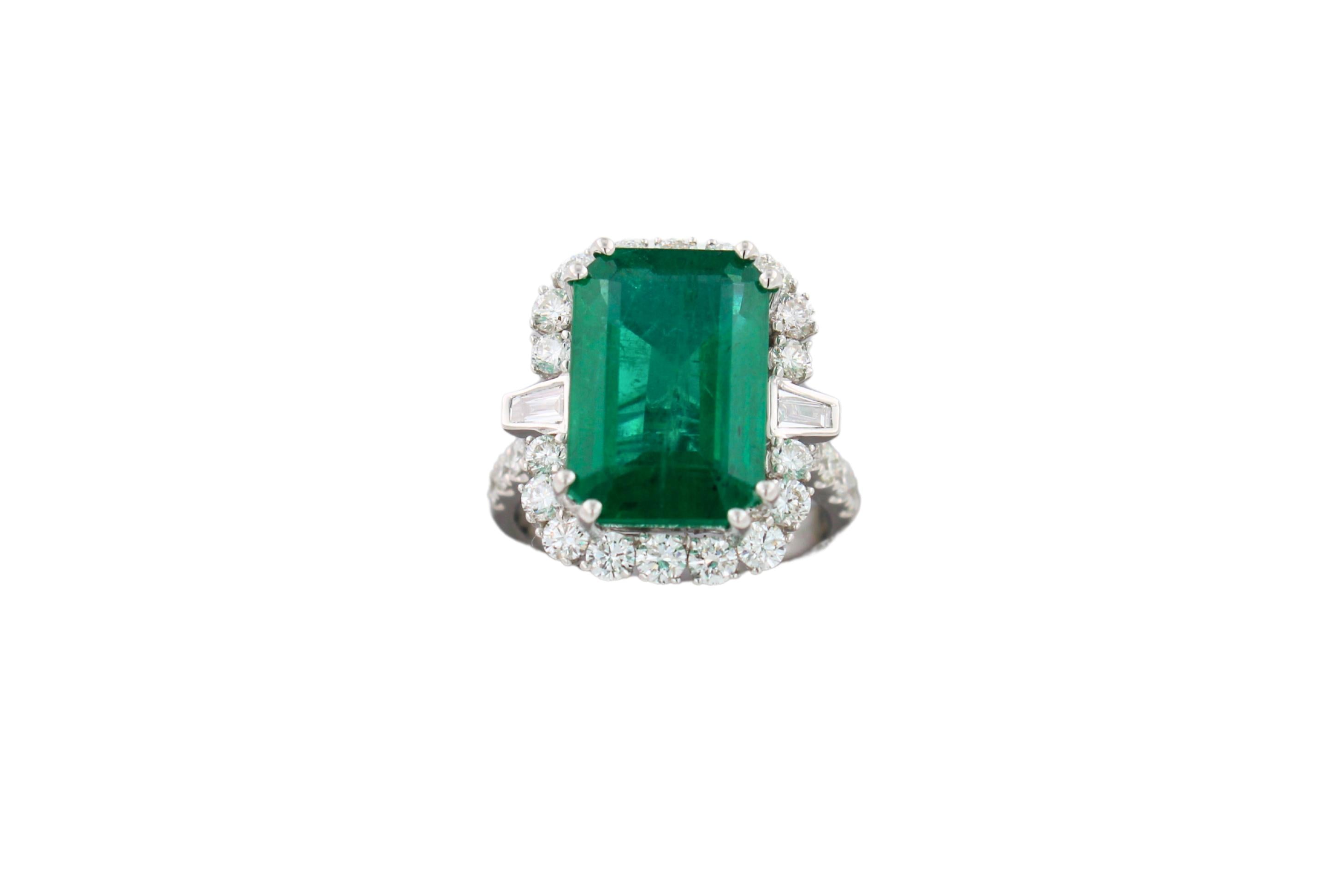 Green Emerald Octagon Cut Rectangle Diamond Halo Baguette 18K White Gold Ring