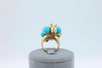 Blue Turquoise Diamonds Golden Spheres Balls Christmas Bells Motif 18K Gold Ring