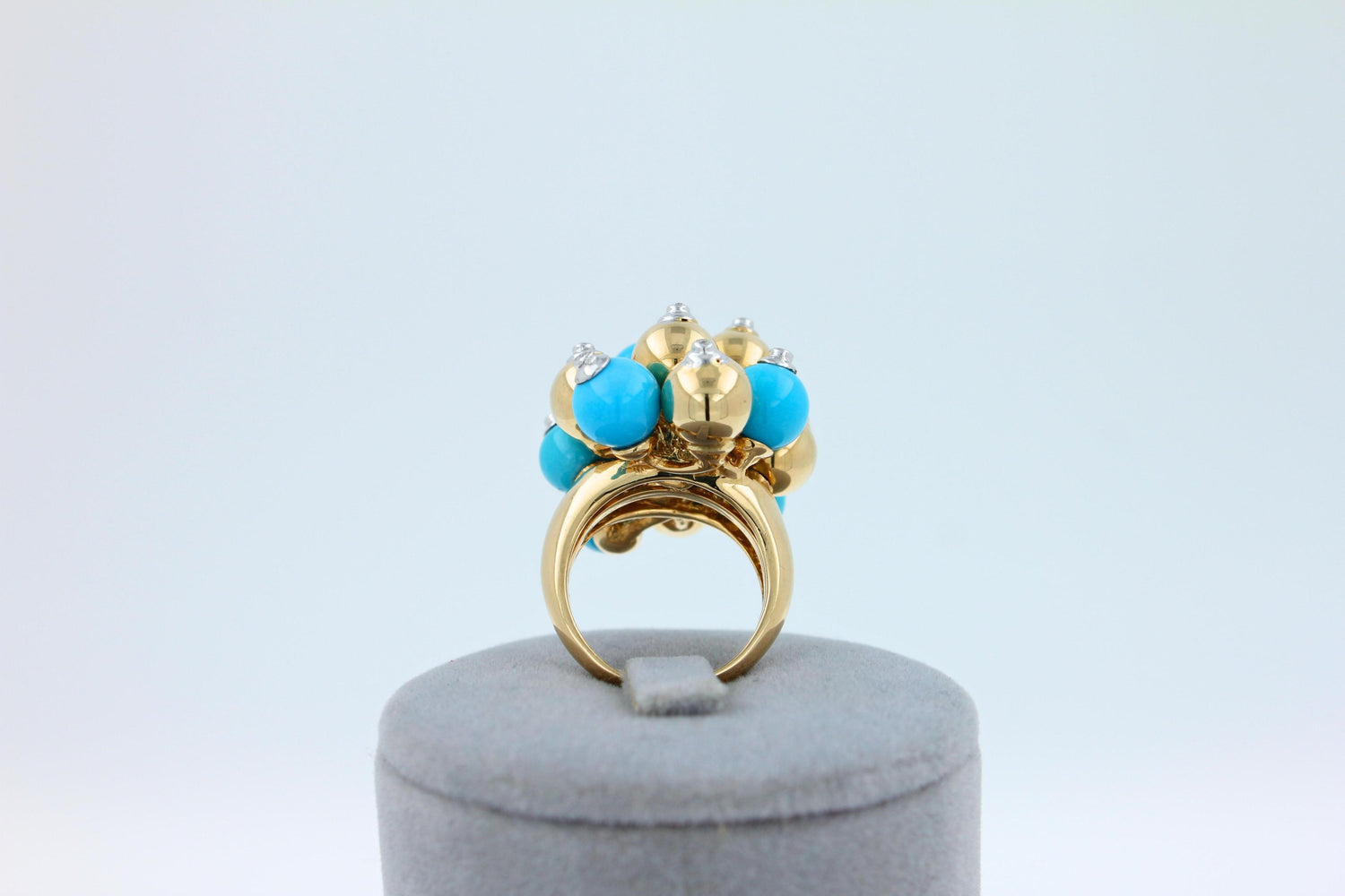 Blue Turquoise Diamonds Golden Spheres Balls Christmas Bells Motif 18K Gold Ring