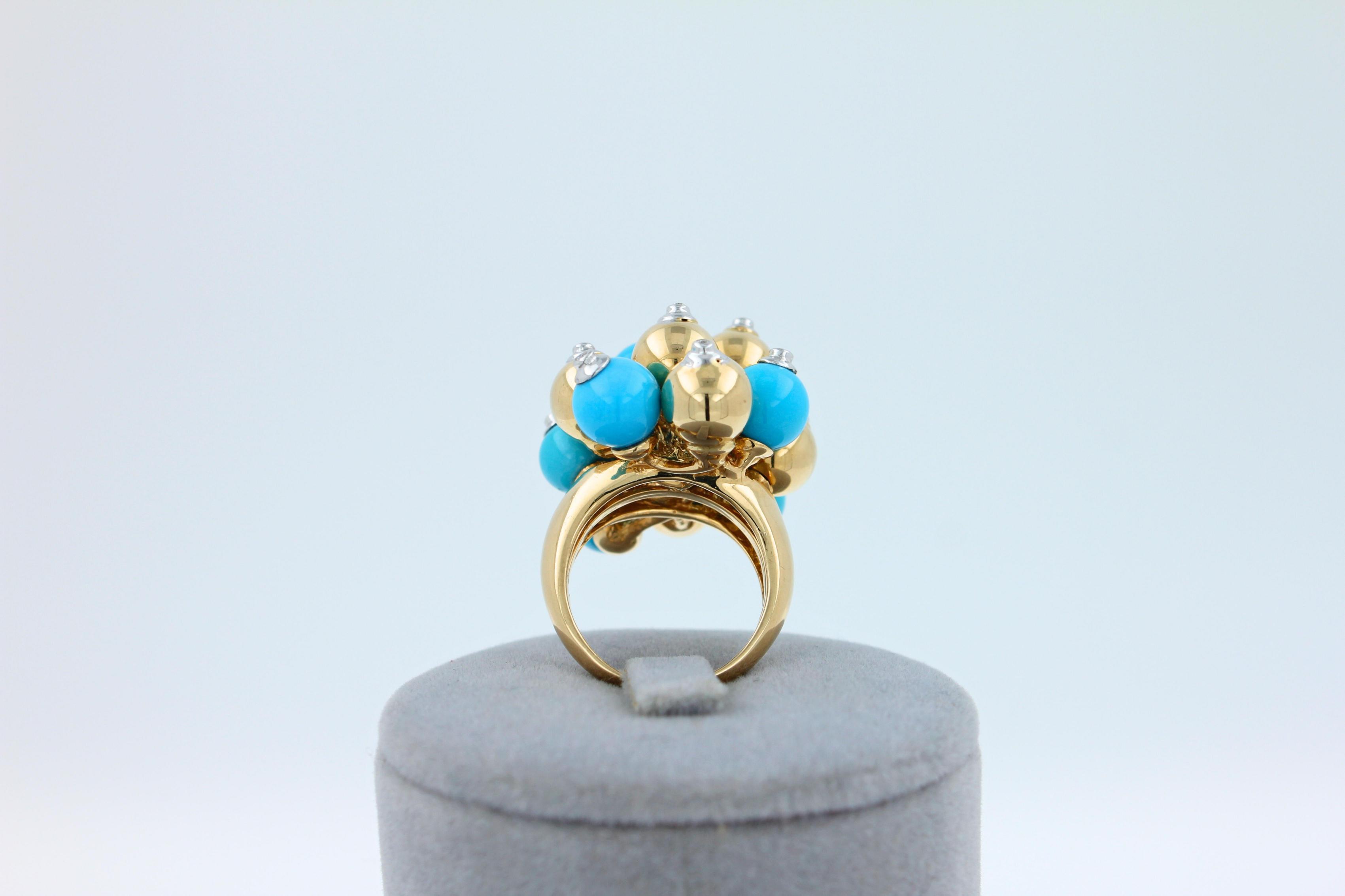 Blue Turquoise Diamonds Golden Spheres Balls Christmas Bells Motif 18K Gold Ring