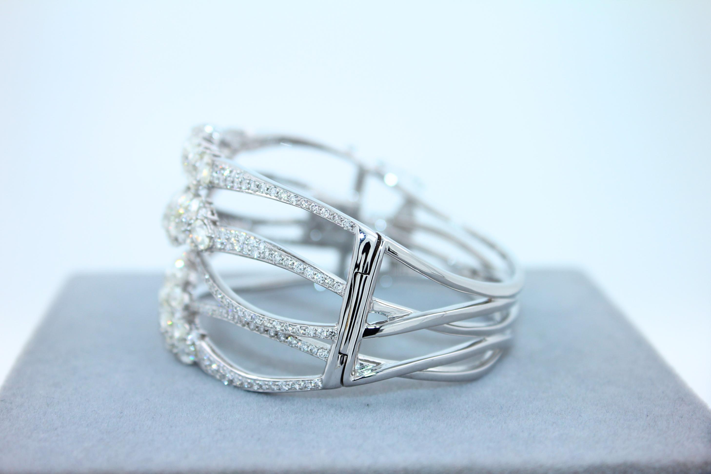 Fancy Shape Rose Cut Diamond Unique Statement Lux 18K White Gold Bangle Bracelet