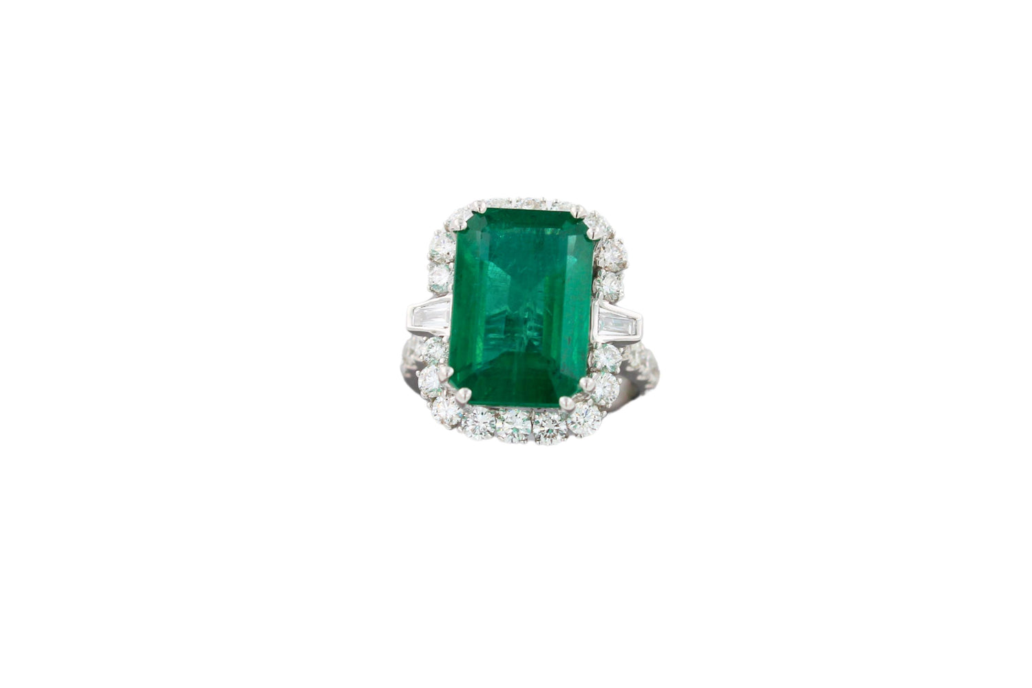 Green Emerald Octagon Cut Rectangle Diamond Halo Baguette 18K White Gold Ring