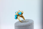 Blue Turquoise Diamonds Golden Spheres Balls Christmas Bells Motif 18K Gold Ring