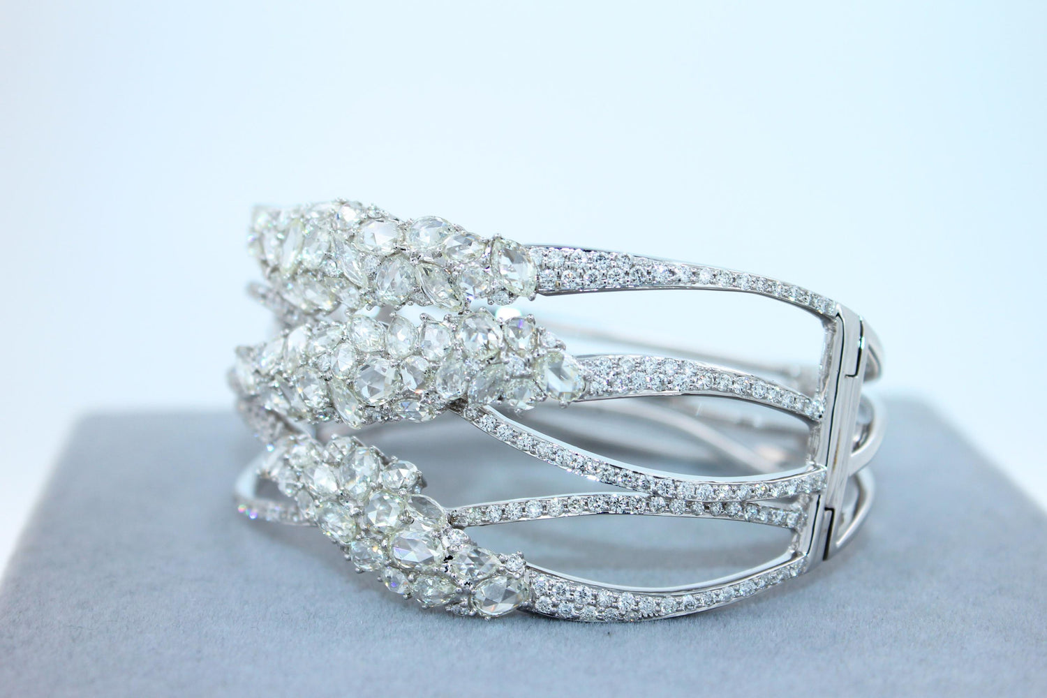 Fancy Shape Rose Cut Diamond Unique Statement Lux 18K White Gold Bangle Bracelet