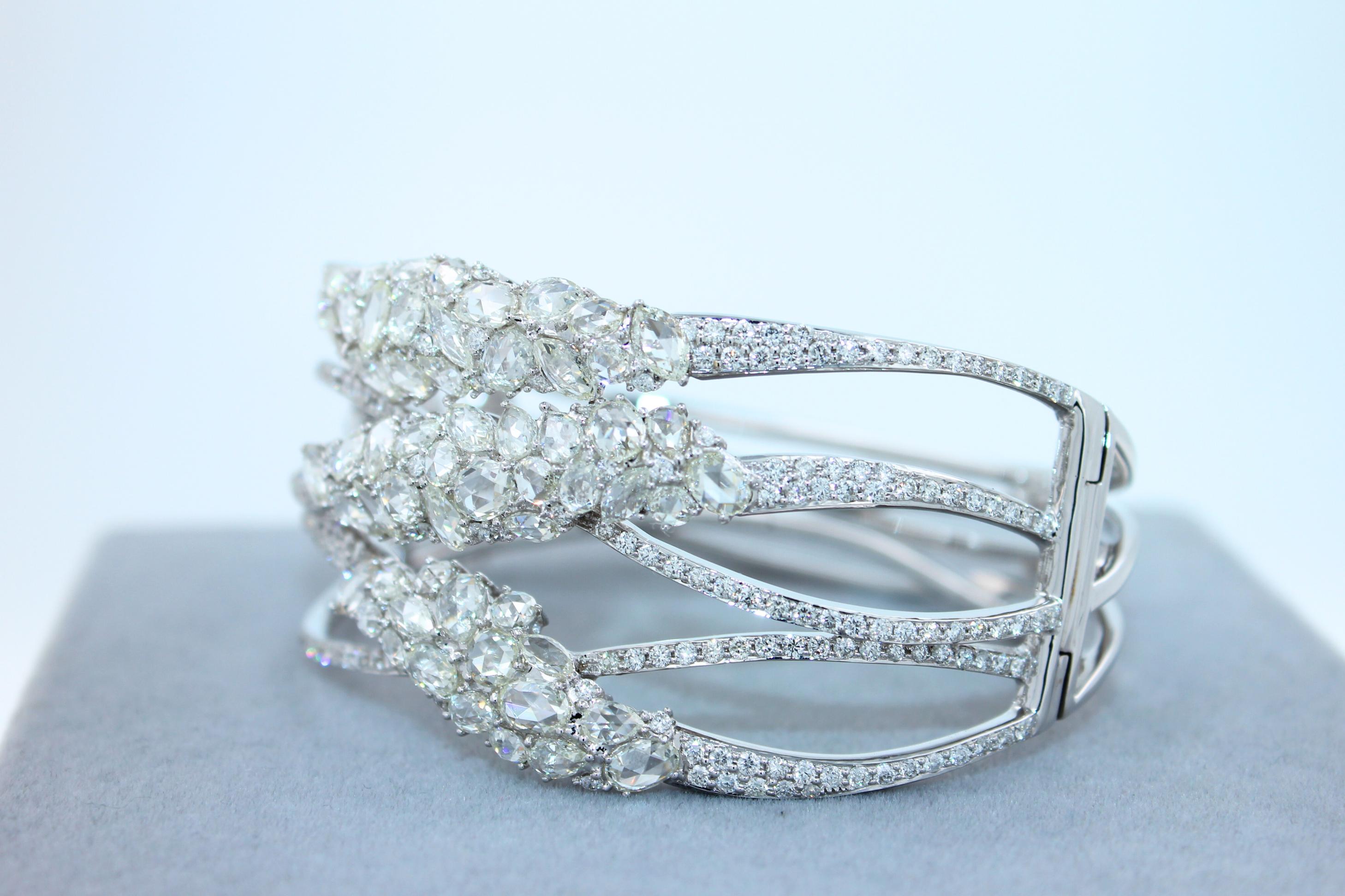 Fancy Shape Rose Cut Diamond Unique Statement Lux 18K White Gold Bangle Bracelet
