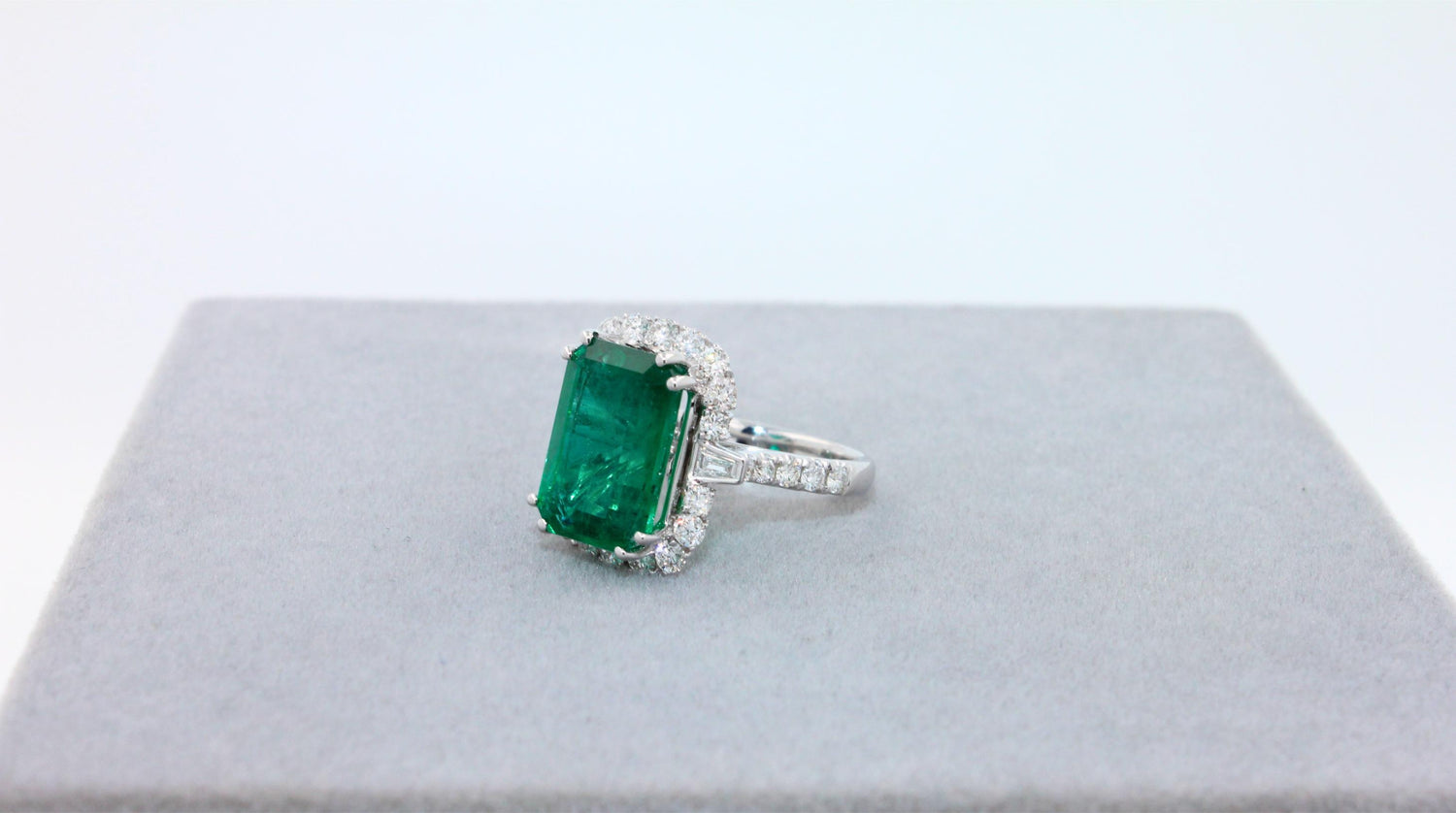 Green Emerald Octagon Cut Rectangle Diamond Halo Baguette 18K White Gold Ring