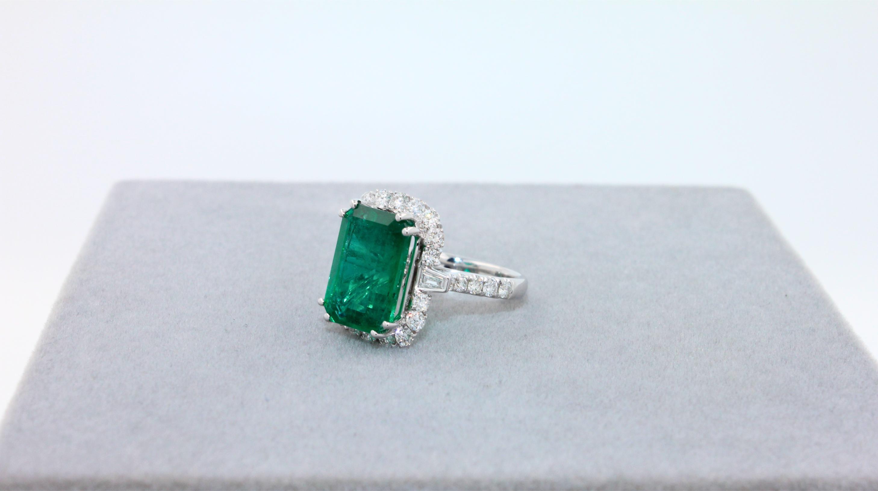 Green Emerald Octagon Cut Rectangle Diamond Halo Baguette 18K White Gold Ring