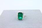 Green Emerald Octagon Cut Rectangle Diamond Halo Baguette 18K White Gold Ring