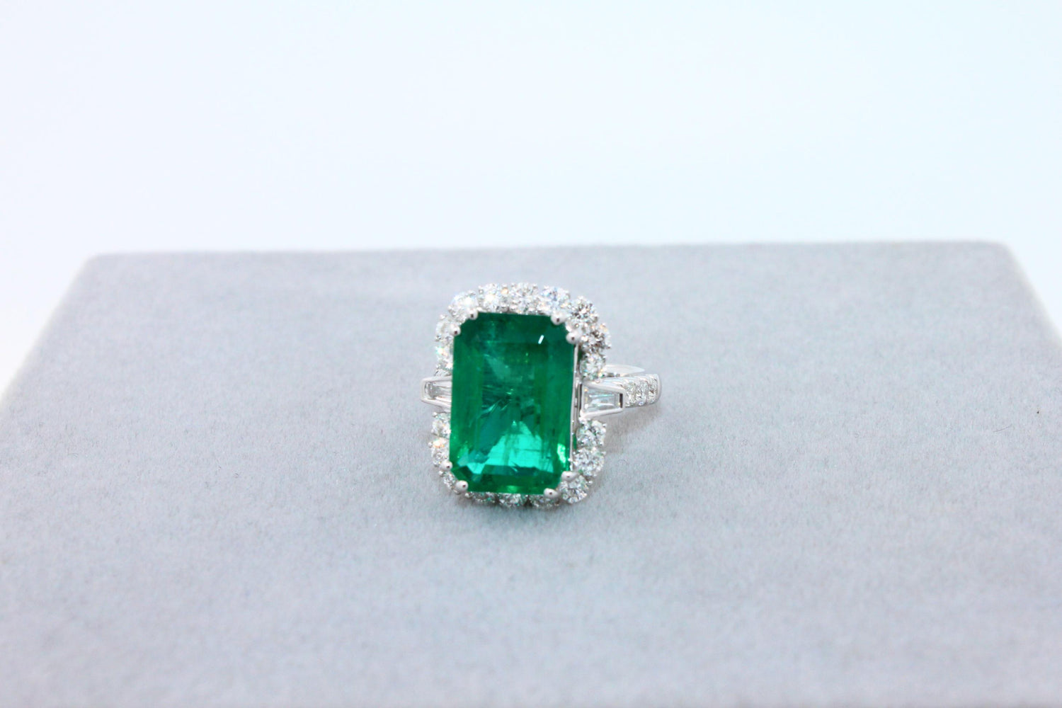 Green Emerald Octagon Cut Rectangle Diamond Halo Baguette 18K White Gold Ring