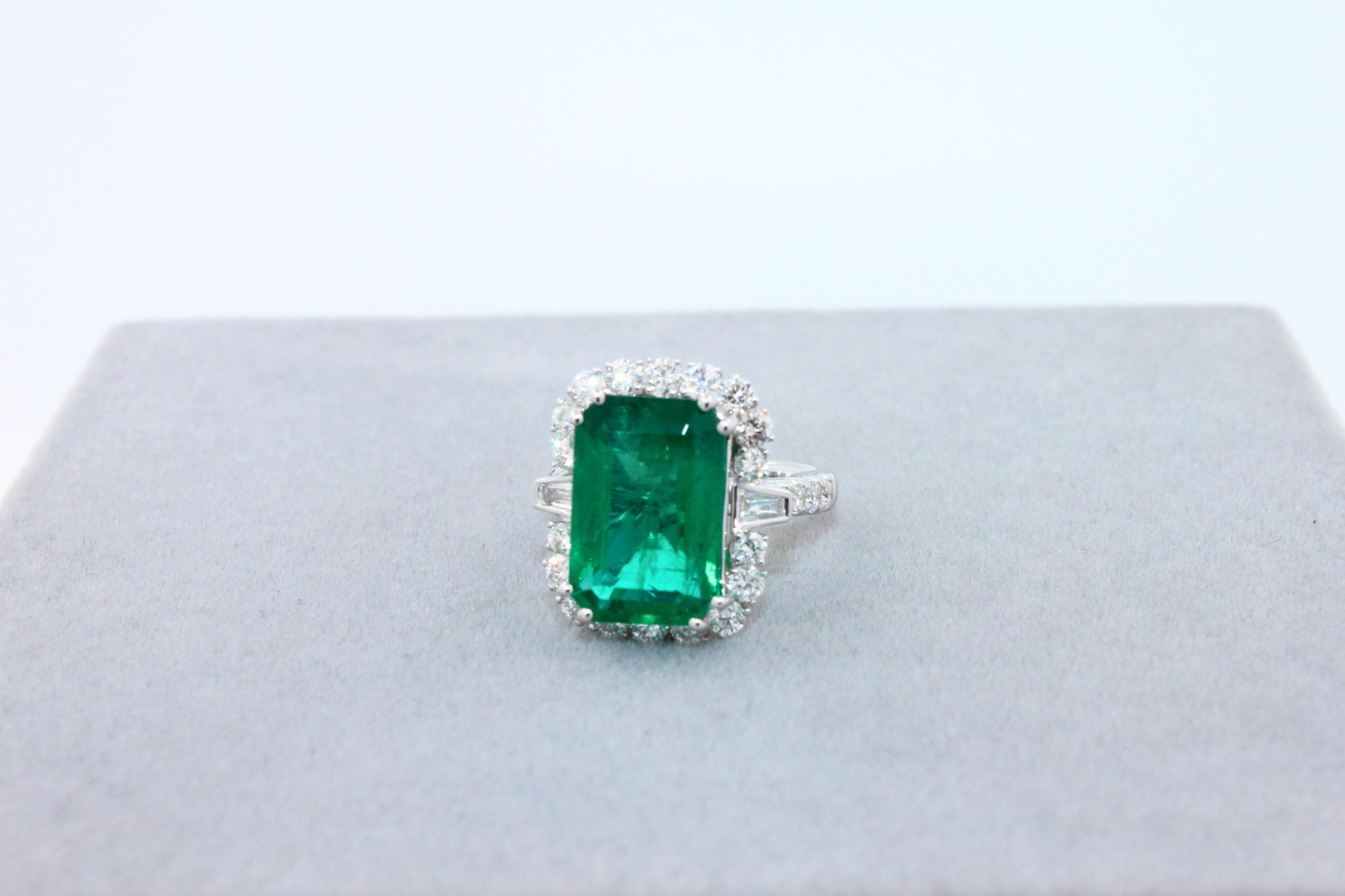 Green Emerald Octagon Cut Rectangle Diamond Halo Baguette 18K White Gold Ring