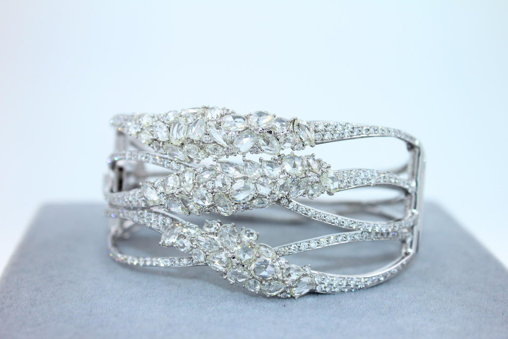 Fancy Shape Rose Cut Diamond Unique Statement Lux 18K White Gold Bangle Bracelet