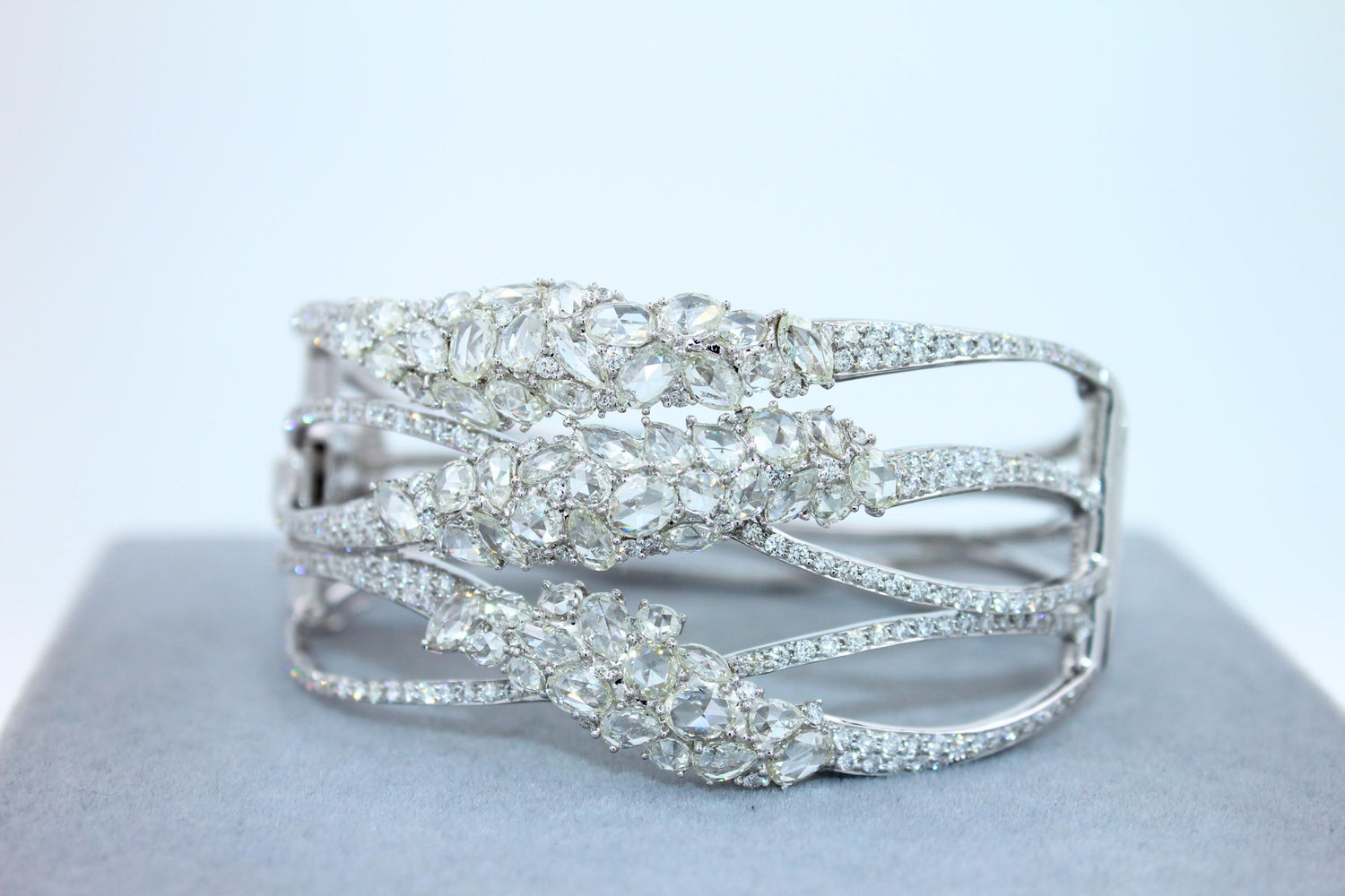 Fancy Shape Rose Cut Diamond Unique Statement Lux 18K White Gold Bangle Bracelet