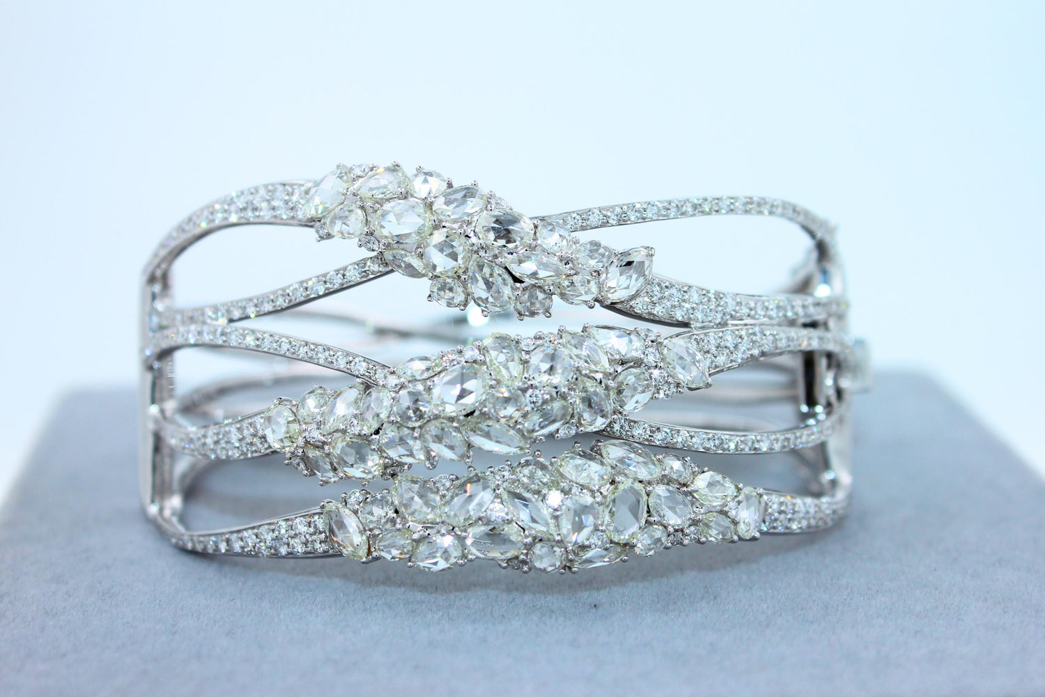 Fancy Shape Rose Cut Diamond Unique Statement Lux 18K White Gold Bangle Bracelet