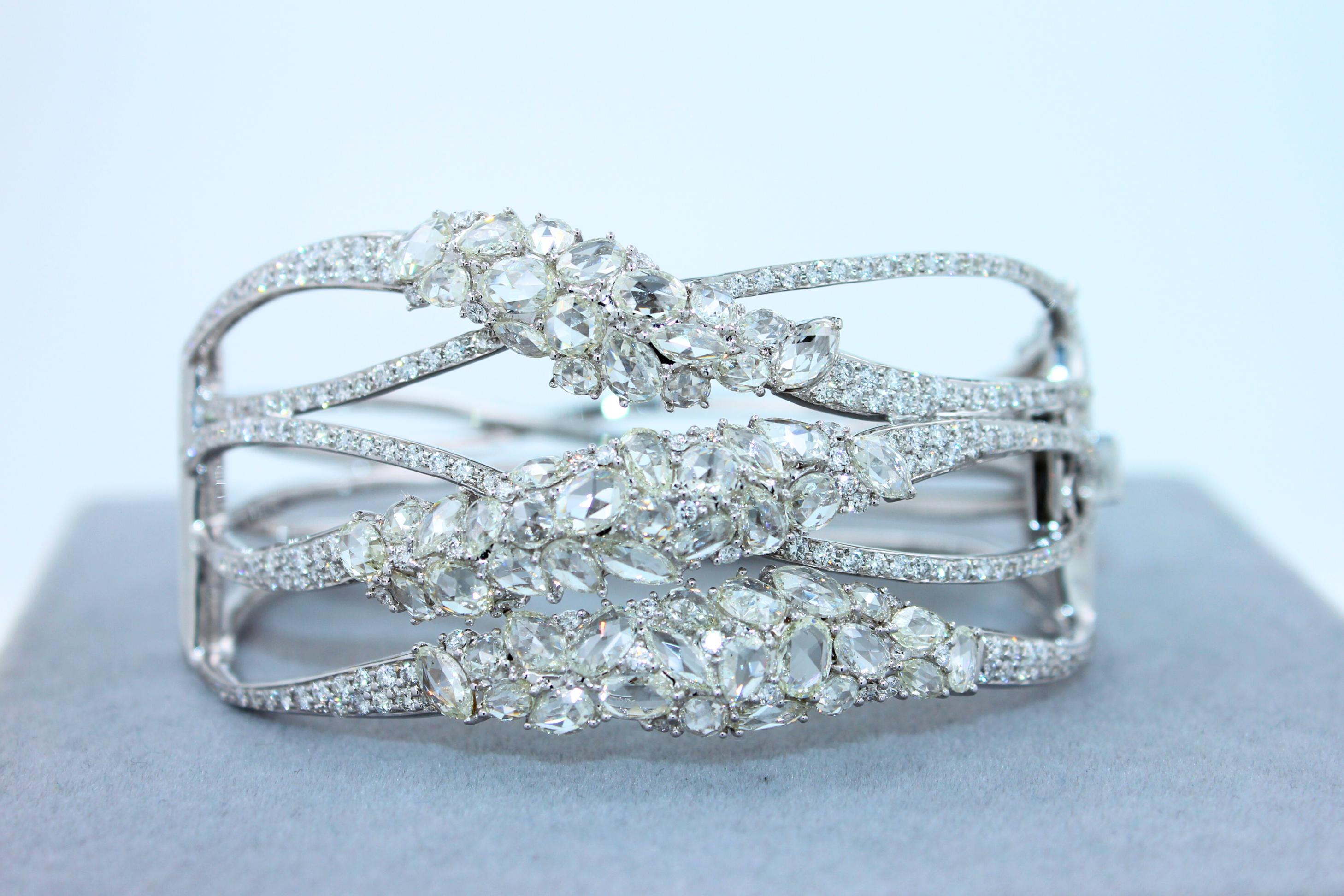 Fancy Shape Rose Cut Diamond Unique Statement Lux 18K White Gold Bangle Bracelet