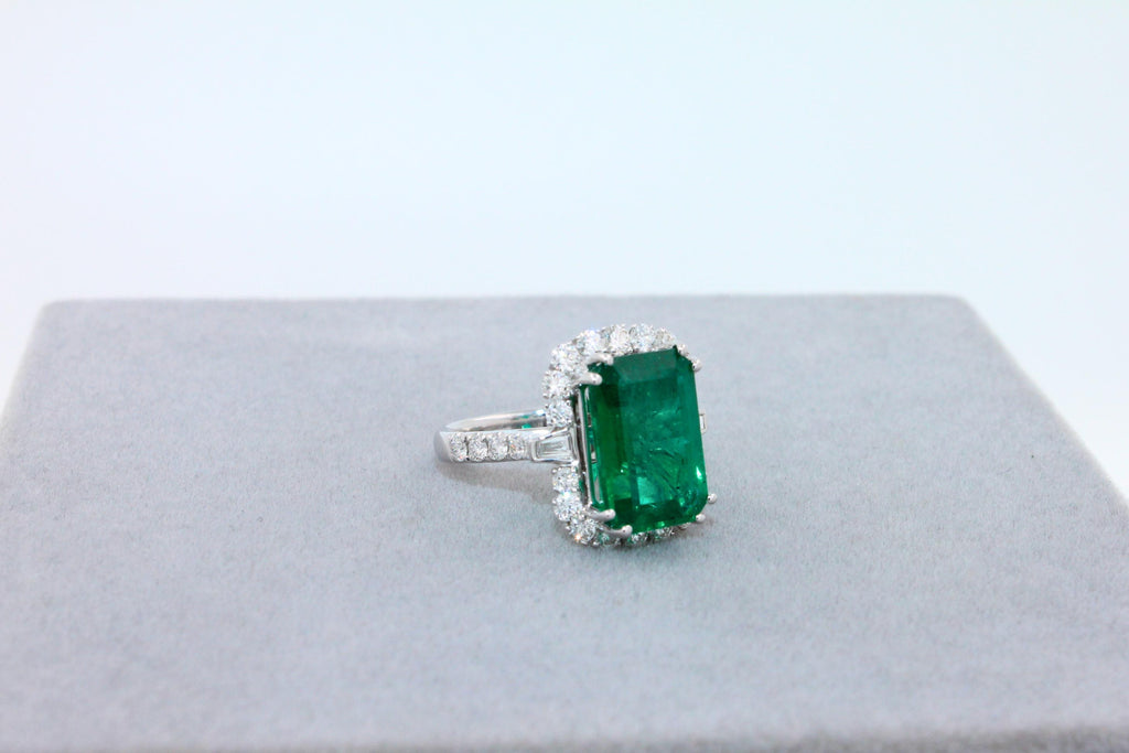 Green Emerald Octagon Cut Rectangle Diamond Halo Baguette 18K White Gold Ring