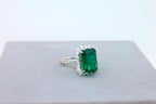 Green Emerald Octagon Cut Rectangle Diamond Halo Baguette 18K White Gold Ring
